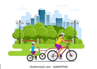 Family outdoor activity. Happy family concept. Healthy Lifestyle Outdoor. Bicycle isometric people.