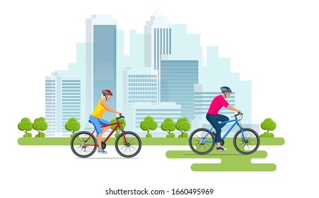 Family outdoor activity. Happy family concept. Healthy Lifestyle Outdoor. Bicycle isometric seniors people.