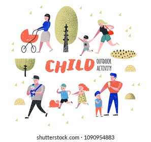 Family Outdoor Activity. Parents Walking in the Park with Children. Happy People Relaxing on Nature. Vector illustration