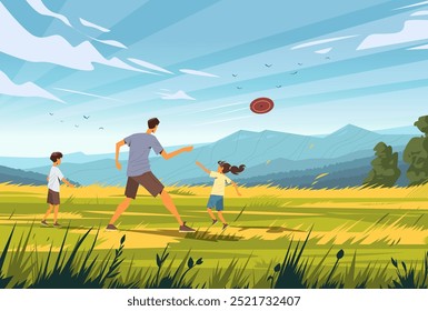 Family outdoor activity playing frisbee in open field with mountains in background clear sky birds flying green grass trees landscape website design