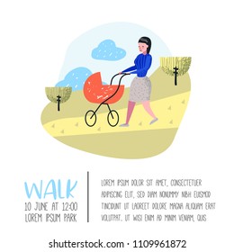 Family Outdoor Activity Poster, Banner. Mother Walking in the Park with Baby Carriage. Happy People Relaxing on Nature Background. Vector illustration