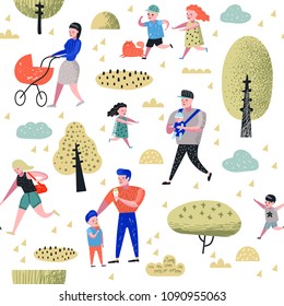 Family Outdoor Activity Seamless Pattern. Parents Walking in the Park with Children Background. Happy People Relaxing on Nature. Vector illustration