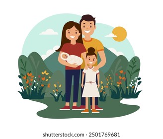 Family outdoor in nature. Hugging. Baby , newborn daughter mother and father. Happy, hiking, walking in a park. Simple flat design. White background. Isolated background.