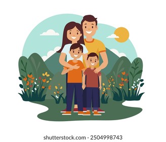 Family outdoor in nature. Hugging. Two sons mother and father. Happy, hiking, walking in a park. Simple flat design. White background. Isolated background.

