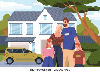 Family outdoor near house. Vector flat illustration of mother and father, son and daughter at home front. Happy couple, husband and wife and estate. Mortgage banner or dwelling purchase. Building rent