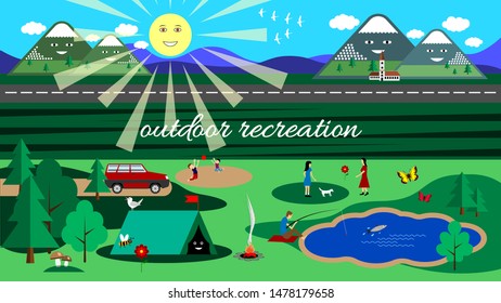 Family outdoor recreation. Camping nature landscape. Trip to the picnic. Flat style vector illustration.