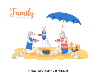 Family outdoor recreation vector illustration. Parents with child cartoon characters on beach. Summertime poster concept. Holidaymakers sunbathing, eating on nature. Humanized racoons