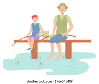 Family outdoor recreational activities, happy parent sitting with son and fishing, father and kid spending time together at nature, leisure, recreation time, relationships, man teaching boy to fish