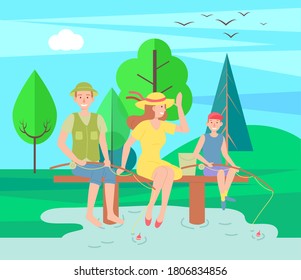 Family outdoor recreational activities, happy parents sitting with son and fishing, father, mother and kid with fish rod spending time together at nature, leisure, recreation time, relationships