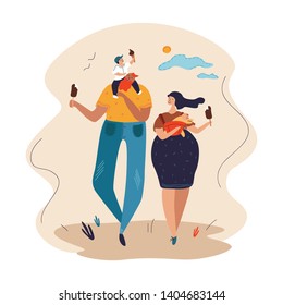Family outdoor recreational activities. Mother, father and children are happy to eat ice cream together. Design element for banners, cards, posters. Flat hand drawn vector illustration. 