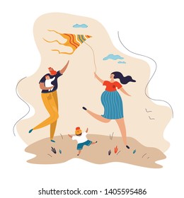 Family outdoor recreational activities. Mother, father and children fly a kite into the sky together. Design element for summer banners, cards, posters.  Flat hand drawn vector illustration. 