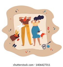 Family outdoor recreational activities. Mother, father and children lie, sleep and rest on the summer grass. Design element for summer banners, cards, posters.  Flat hand drawn vector illustration. 