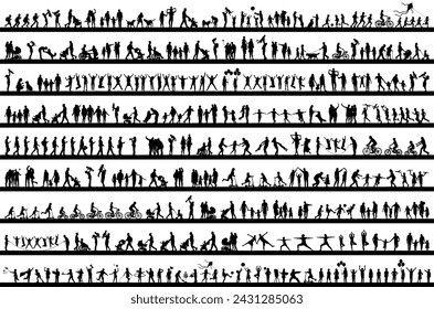 Family outdoors activities hobbies and sports vector silhouettes set collection. Group people adult seniors and kids recreation having fun outdoor in park silhouettes.	