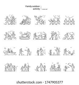 Family outdoors activities icons set. Parents and kids playing,walking, having picnic in nature.Family leisure and togetherness concept.Thin line signs collection,vector illustration.Editable stroke
