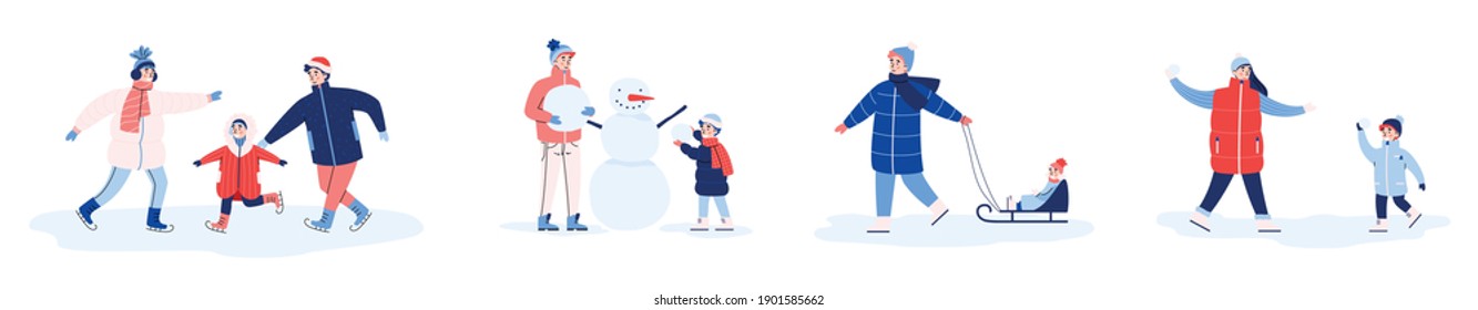 Family outdoors activity on leisure in happy winter holiday. Parents and children having fun together - make a snowman, skate on ice rink and sledding. Set of vector illustrations.