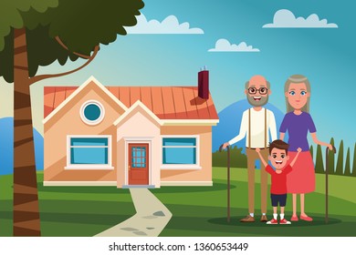 Family outdoors from home cartoon