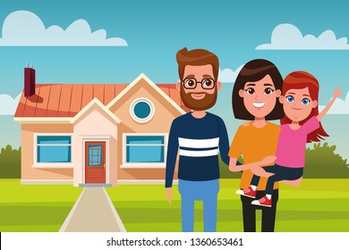 Family outdoors from home cartoon