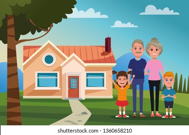 Family outdoors from home cartoon