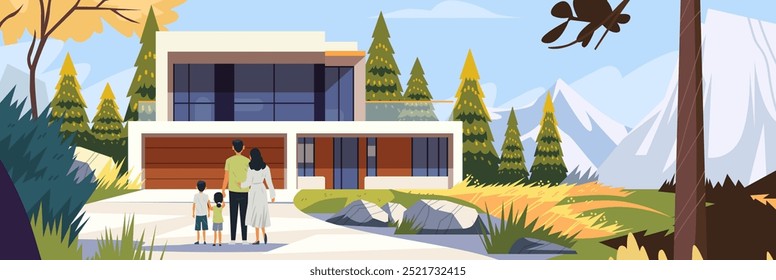 Family outdoors modern house mountain landscape nature scenery trees mountains family standing together modern home driveway vibrant colors