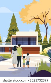 Family outdoors modern house trees nature landscape. A family of four stands in front of a modern house surrounded by trees and greenery under a clear blue sky