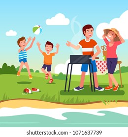 Family outdoors picnic on river shoreline countryside grass meadow enjoying summer nature. Family couple barbecuing together roasting on bbg grill, kids sons playing ball. Flat vector illustration