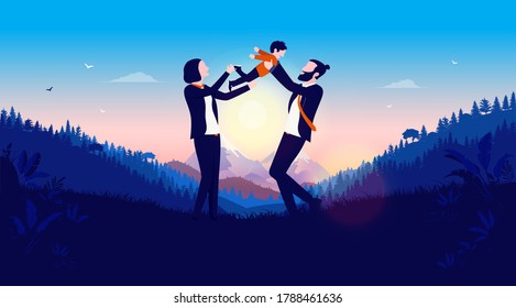 Family outdoors - Two parents with only one child playing outside in open landscape. Parenthood happiness and family life concept. Vector illustration.