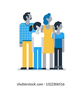 Family outfit, group of people, young girl and boy with parents, man and woman together. Flat design vector illustration