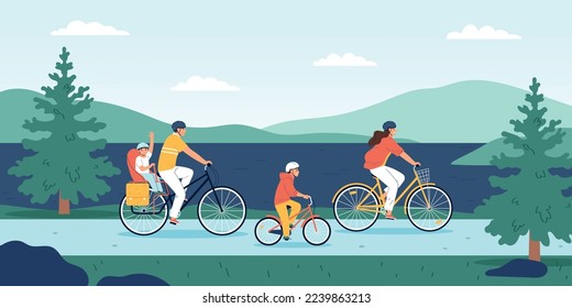 Family outing flat background with mother father and children riding bicycles on nature vector illustration