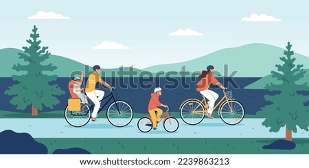 Family outing flat background with mother father and children riding bicycles on nature vector illustration