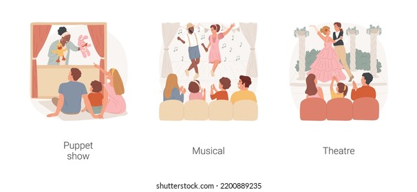 Family Outing With Kids Isolated Cartoon Vector Illustration Set. Family In Puppet Theatre, Musical Show For Children, Performance, Kids Applauding, Watch Theater Play Together, Vector Cartoon.