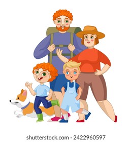 Family outing. Nature hike, campers. Cartoon characters