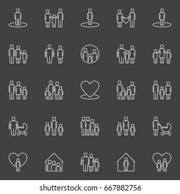 Family outline icons. Vector collection of father, mother and their child's linear signs or logo elements on dark background