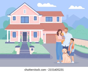 Family outside house. Buying renovation house, new home estate father mother children with dog, outdoor front building, happy buyer construction, vector illustration of family together buy new house