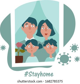 The family outside the window - mom, dad and children. Stay home during quarantine due to coronovirus covid-19. Cute flat cartoon illustration isolated on white background. Hashtag stayhome.