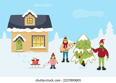 Family outside in winter. Mom, dad and daughter decorate a Christmas tree in the yard of their house. Family getting ready for winter holiday. Flat illustration