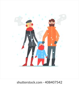 Family Outside In Winter Primitive Vector Flat Isolated Illustration On White Background