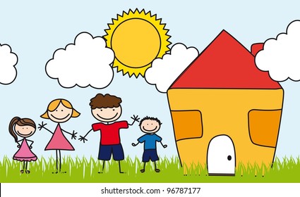 Family Over Landscape House Drawing Vector Stock Vector (Royalty Free ...