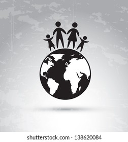Family over world and vintage background  vector illustration