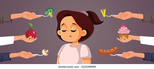 
Family Overfeeding their Little Child Vector Illustration. Little kid trying to decide between healthy and unhealthy meal options
