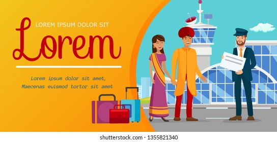 Family Overseas Vacation Flat Color Banner Layout. Man In Turban And Woman In Sari Dress Cartoon Characters. Chauffeur Waiting For Indian Clients. Indian Couple Illustration With Text Space