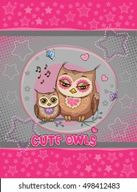 Family owls, butterflies and stars on abstract background. Cute funny cartoon illustration with fabulous animal or bird. Decorative and style doll, toy. Fairytale and magic story. Wonderland. Vector.