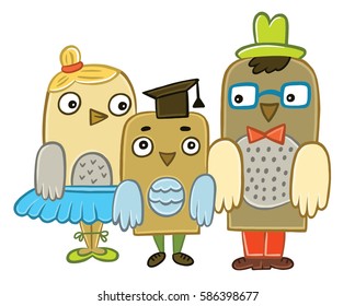 a family of owls mom, dad, son graduate