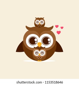 Family of owls with newborn owlet. Vector illustration cartoon.