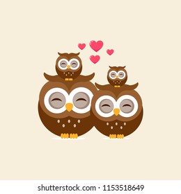 Family of owls with newborn owlet. Vector illustration cartoon.