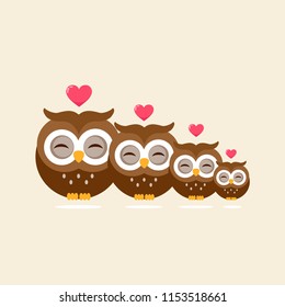 Family of owls with newborn owlet. Vector illustration cartoon.