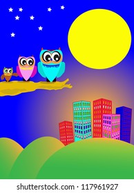 Family owls on a branch looking into the bright  city behind as the moon and stars.