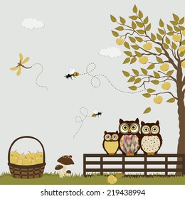 A family of owls in a orchard with apples