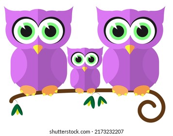 Familie der Eule violette Papa Eule, Mama-Eule, Babyeule, Eule sitzend auf Ästen. Oliven auf Ästen. Cute Zeichnen für Kinder. Vektorgrafik. Gute Nacht! Kindercartoon.Eule family.Owls auf einem Ast.