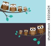 Family of owls sitting on a branch. Two variations.