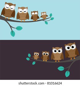 Family of owls sitting on a branch. Two variations.